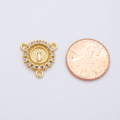 16K Gold Filled 20mm Mother Mary Micro Paved CZ Round Triple Connector in Gold &amp; Silver | Connectors-00026