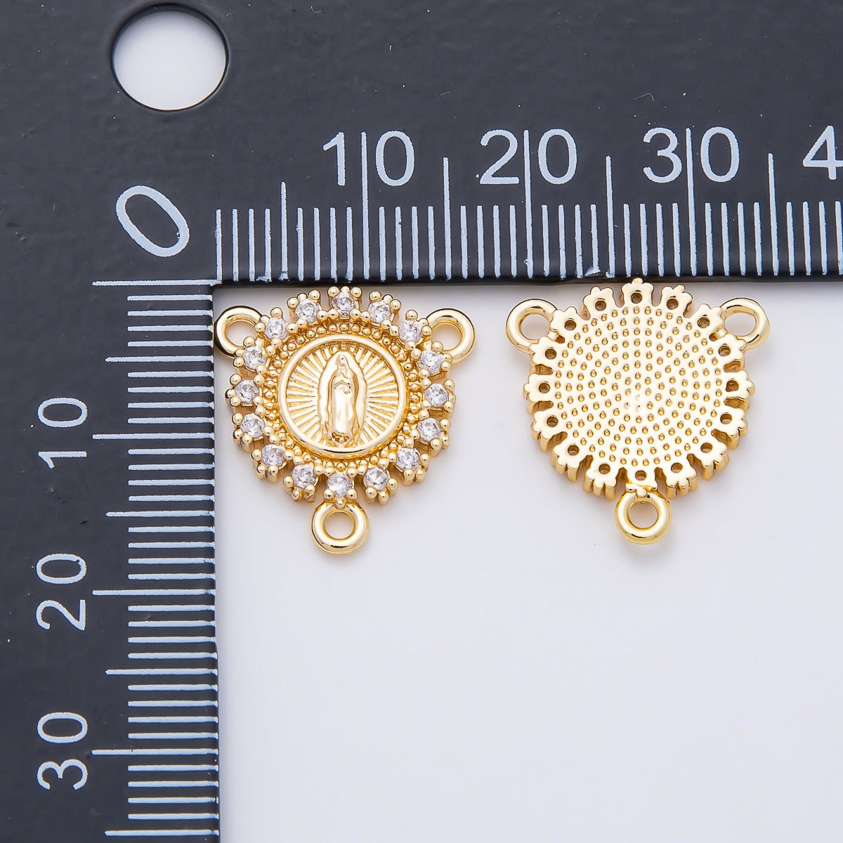 16K Gold Filled 20mm Mother Mary Micro Paved CZ Round Triple Connector in Gold &amp; Silver | Connectors-00026