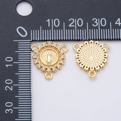 16K Gold Filled 20mm Mother Mary Micro Paved CZ Round Triple Connector in Gold &amp; Silver | Connectors-00026