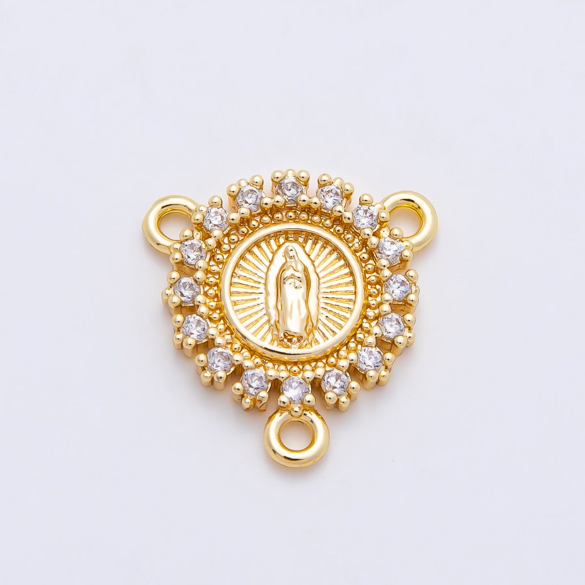 16K Gold Filled 20mm Mother Mary Micro Paved CZ Round Triple Connector in Gold &amp; Silver | Connectors-00026