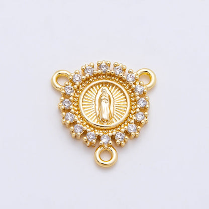 16K Gold Filled 20mm Mother Mary Micro Paved CZ Round Triple Connector in Gold &amp; Silver | Connectors-00026