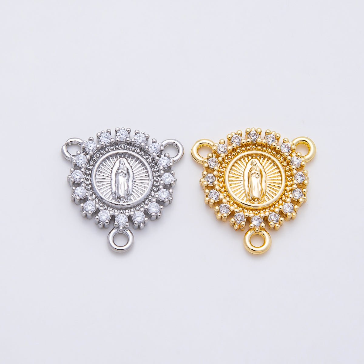 16K Gold Filled 20mm Mother Mary Micro Paved CZ Round Triple Connector in Gold &amp; Silver | Connectors-00026