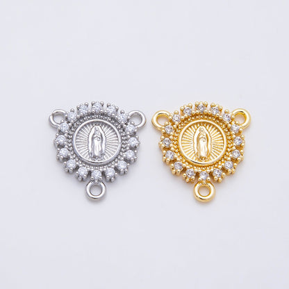 16K Gold Filled 20mm Mother Mary Micro Paved CZ Round Triple Connector in Gold &amp; Silver | Connectors-00026