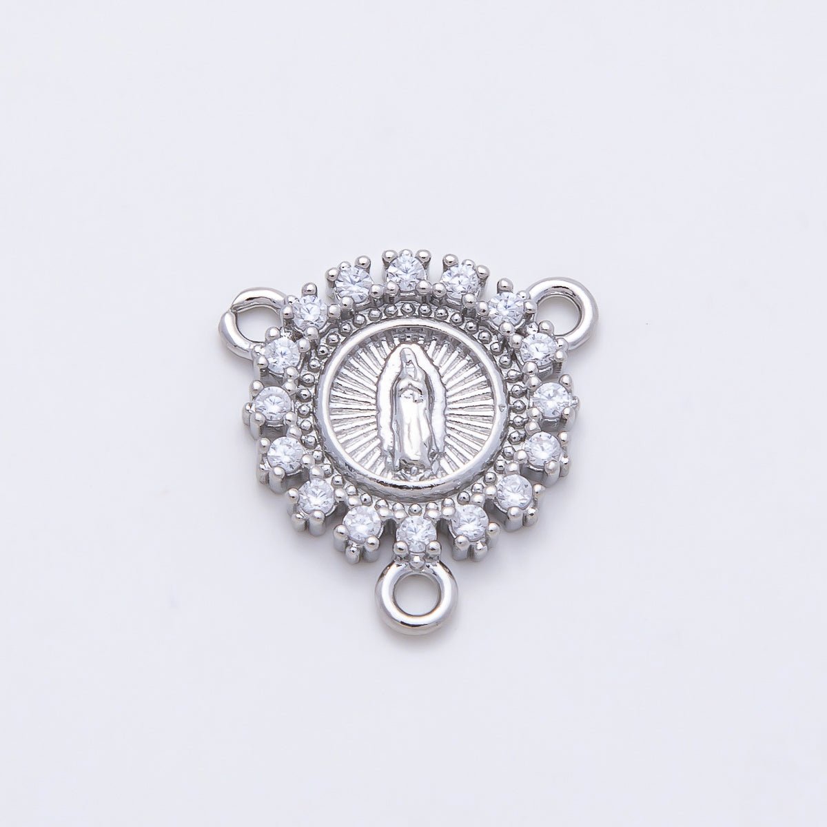16K Gold Filled 20mm Mother Mary Micro Paved CZ Round Triple Connector in Gold &amp; Silver | Connectors-00026