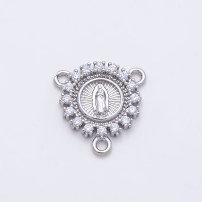 16K Gold Filled 20mm Mother Mary Micro Paved CZ Round Triple Connector in Gold &amp; Silver | Connectors-00026