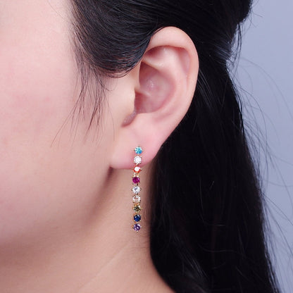16K Gold Filled Multicolor CZ Linear Drop Dangle Stud Earrings | T-501