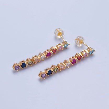 16K Gold Filled Multicolor CZ Linear Drop Dangle Stud Earrings | T-501