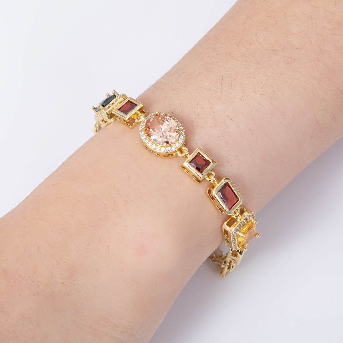 16K Gold Filled Multicolor Round Baguette CZ Micro Paved 6.5 Inch Bracelet w. Extender | WA-04146