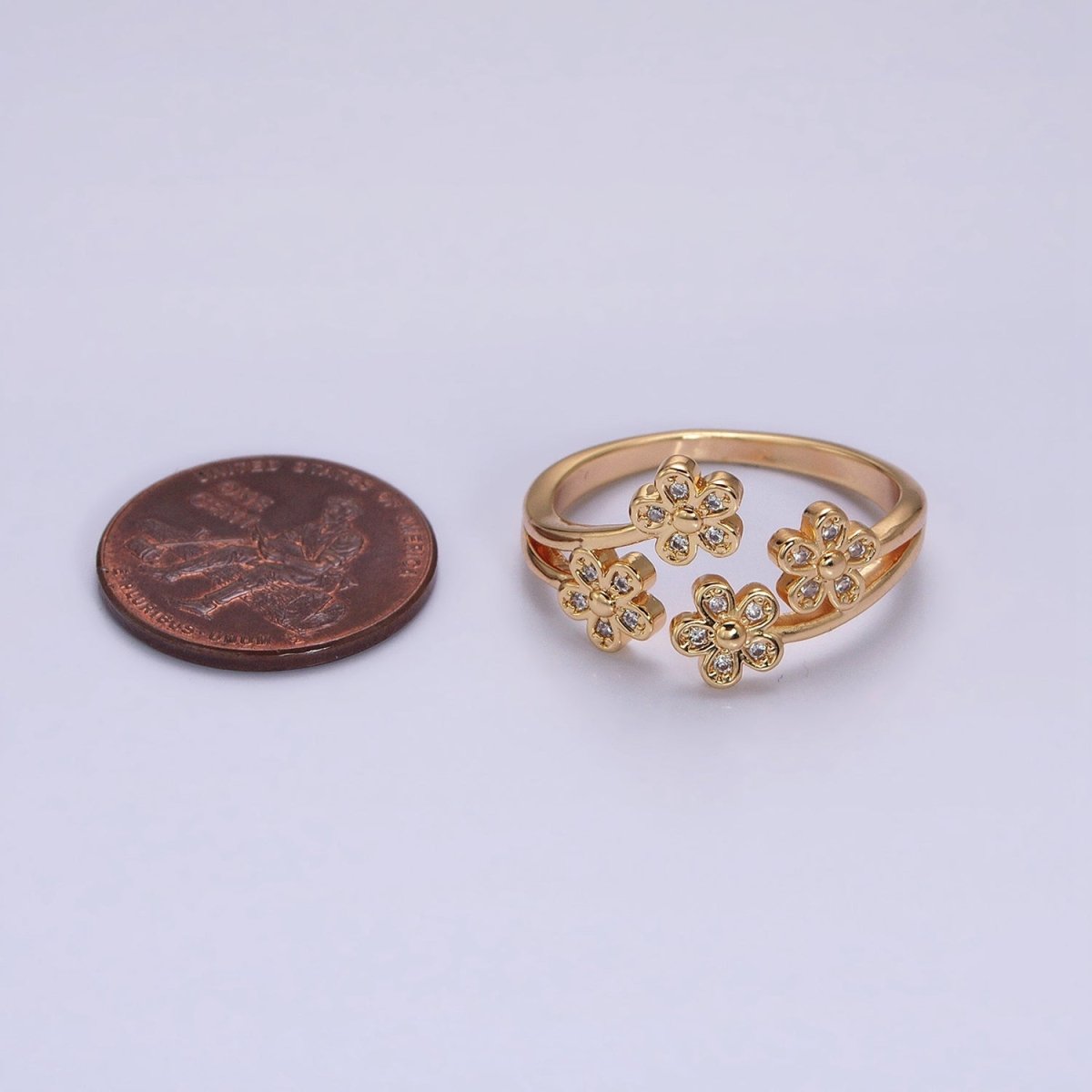16K Gold Filled Multiple Daisy Flower Clear CZ Open Adjustable Ring | O-1781 O-1782