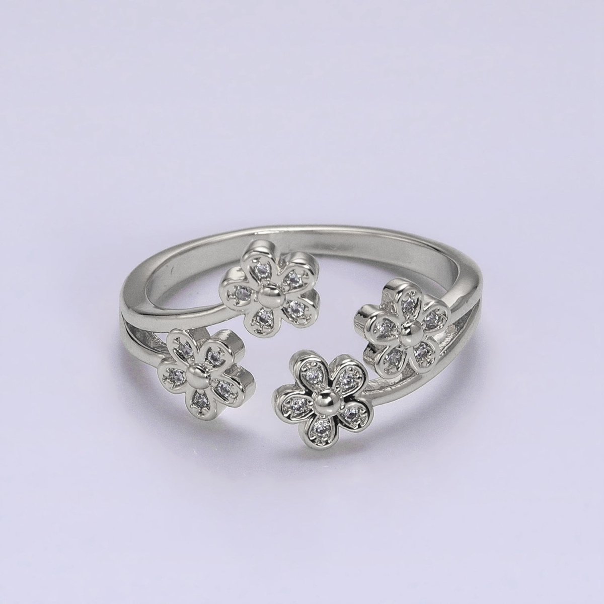 16K Gold Filled Multiple Daisy Flower Clear CZ Open Adjustable Ring | O-1781 O-1782