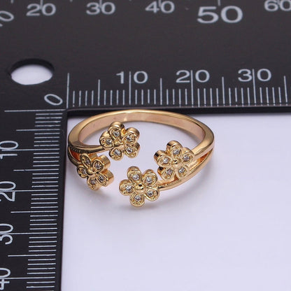 16K Gold Filled Multiple Daisy Flower Clear CZ Open Adjustable Ring | O-1781 O-1782