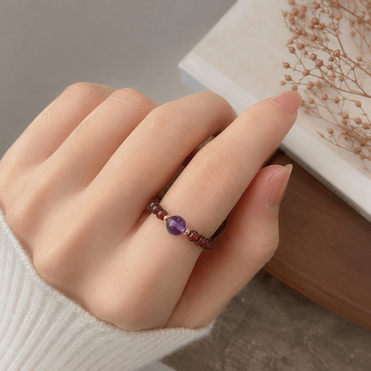 16K Gold Filled Natural Gemstone Round Beaded Elastic Stretch Ring | Rings-00096 ~ Rings-00107