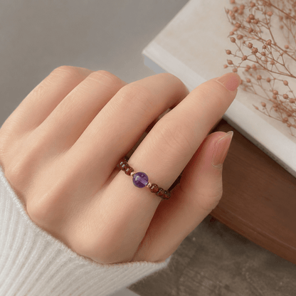 16K Gold Filled Natural Gemstone Round Beaded Elastic Stretch Ring | Rings-00096 ~ Rings-00107