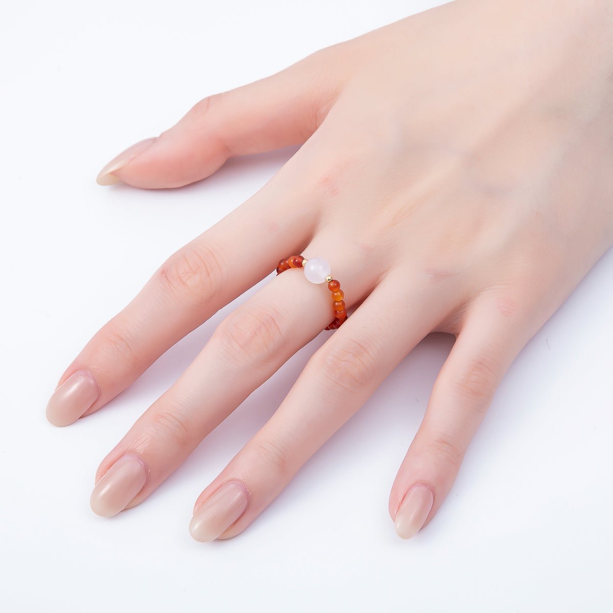 16K Gold Filled Natural Gemstone Round Beaded Elastic Stretch Ring | Rings-00096 ~ Rings-00107