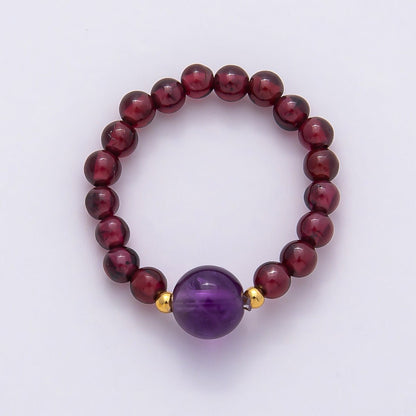 16K Gold Filled Natural Gemstone Round Beaded Elastic Stretch Ring | Rings-00096 ~ Rings-00107