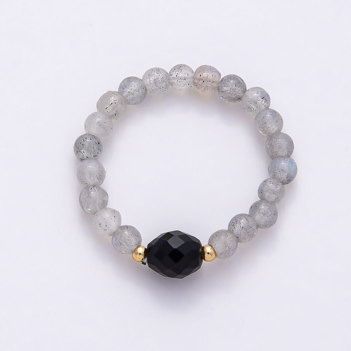 16K Gold Filled Natural Gemstone Round Beaded Elastic Stretch Ring | Rings-00096 ~ Rings-00107