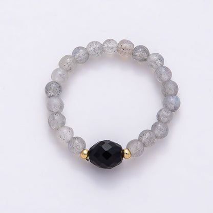 16K Gold Filled Natural Gemstone Round Beaded Elastic Stretch Ring | Rings-00096 ~ Rings-00107