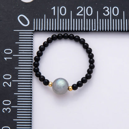 16K Gold Filled Natural Gemstone Round Beaded Elastic Stretch Ring | Rings-00096 ~ Rings-00107