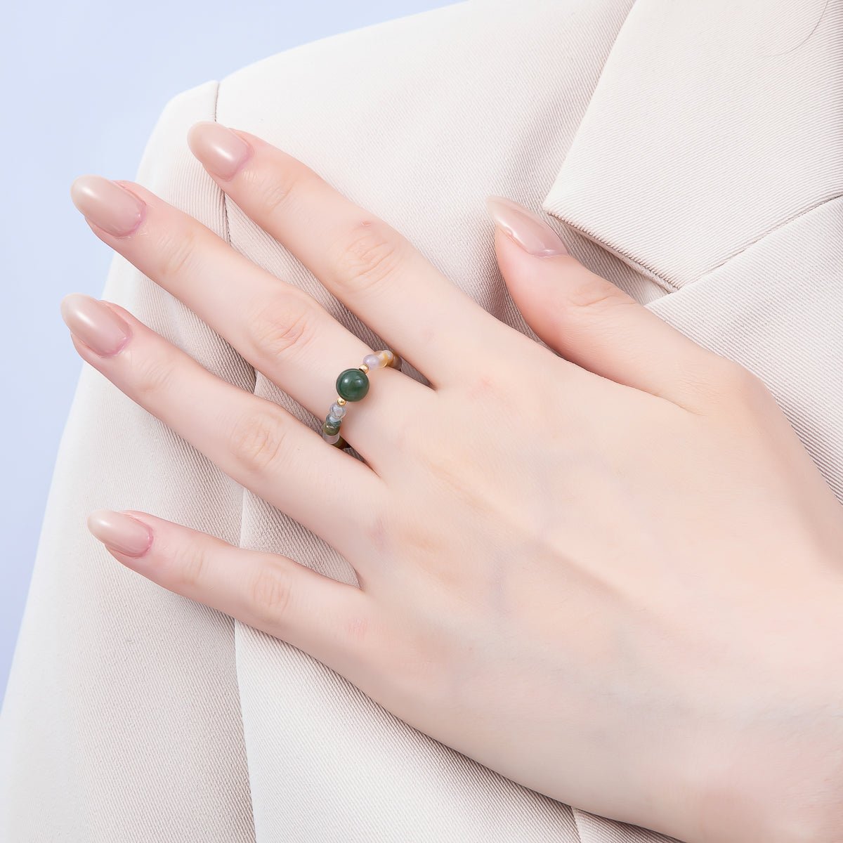 16K Gold Filled Natural Gemstone Round Beaded Elastic Stretch Ring | Rings-00096 ~ Rings-00107
