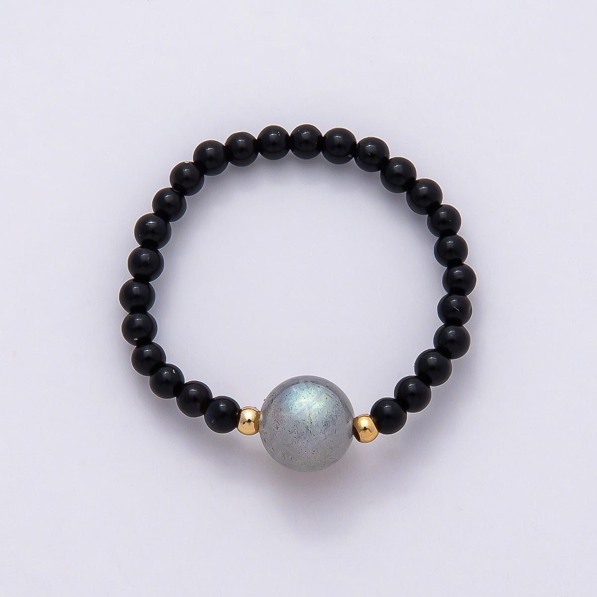 16K Gold Filled Natural Gemstone Round Beaded Elastic Stretch Ring | Rings-00096 ~ Rings-00107