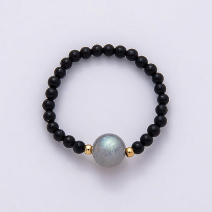 16K Gold Filled Natural Gemstone Round Beaded Elastic Stretch Ring | Rings-00096 ~ Rings-00107