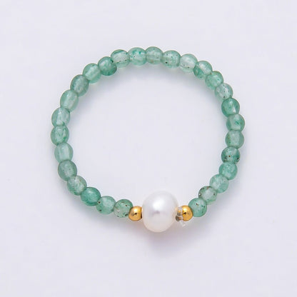 16K Gold Filled Natural Gemstone Round Beaded Elastic Stretch Ring | Rings-00096 ~ Rings-00107