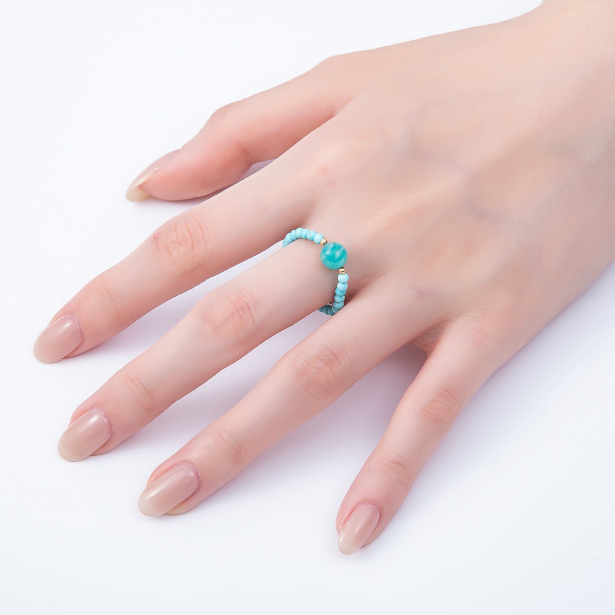 16K Gold Filled Natural Gemstone Round Beaded Elastic Stretch Ring | Rings-00096 ~ Rings-00107