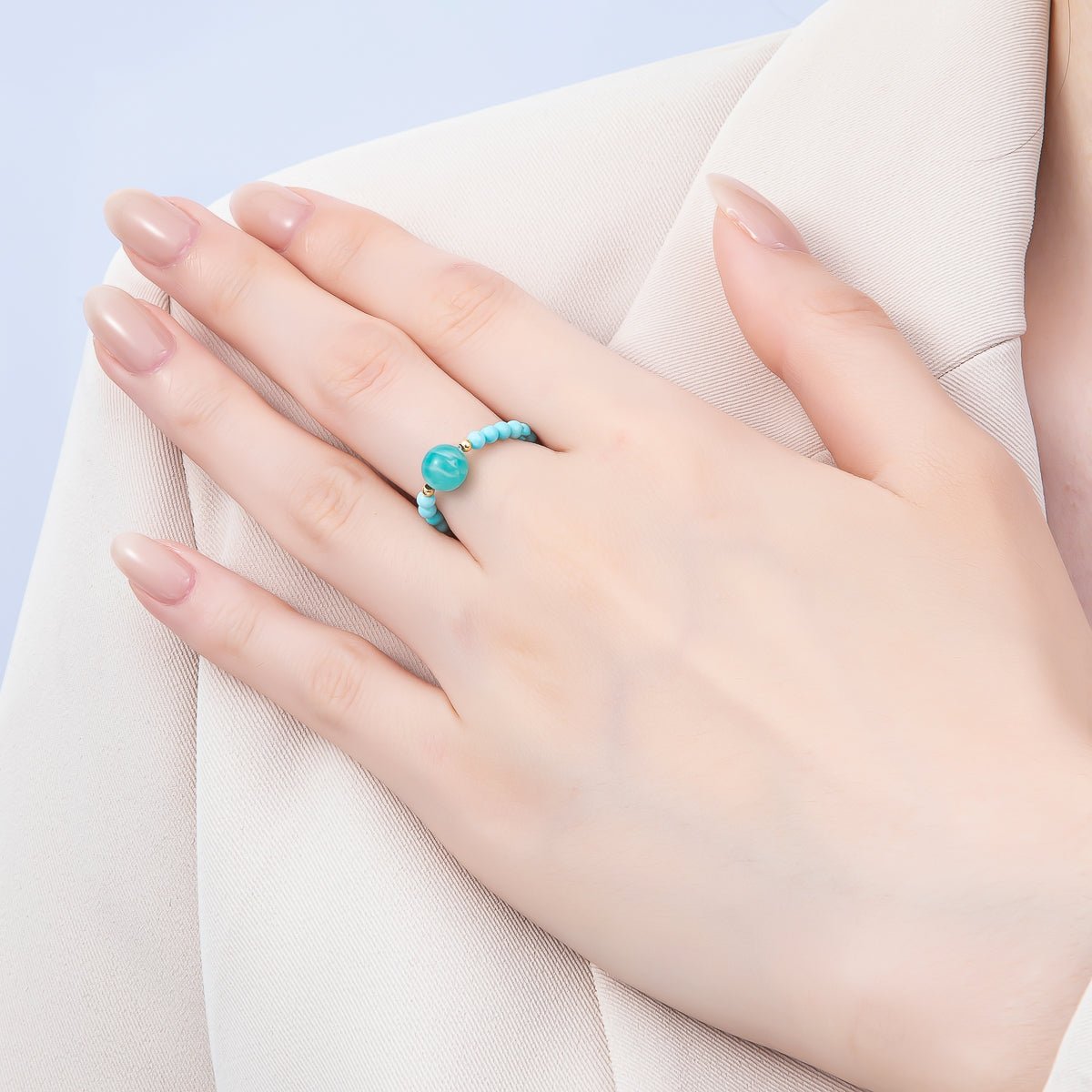16K Gold Filled Natural Gemstone Round Beaded Elastic Stretch Ring | Rings-00096 ~ Rings-00107