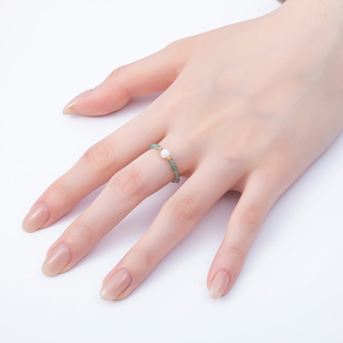 16K Gold Filled Natural Gemstone Round Beaded Elastic Stretch Ring | Rings-00096 ~ Rings-00107