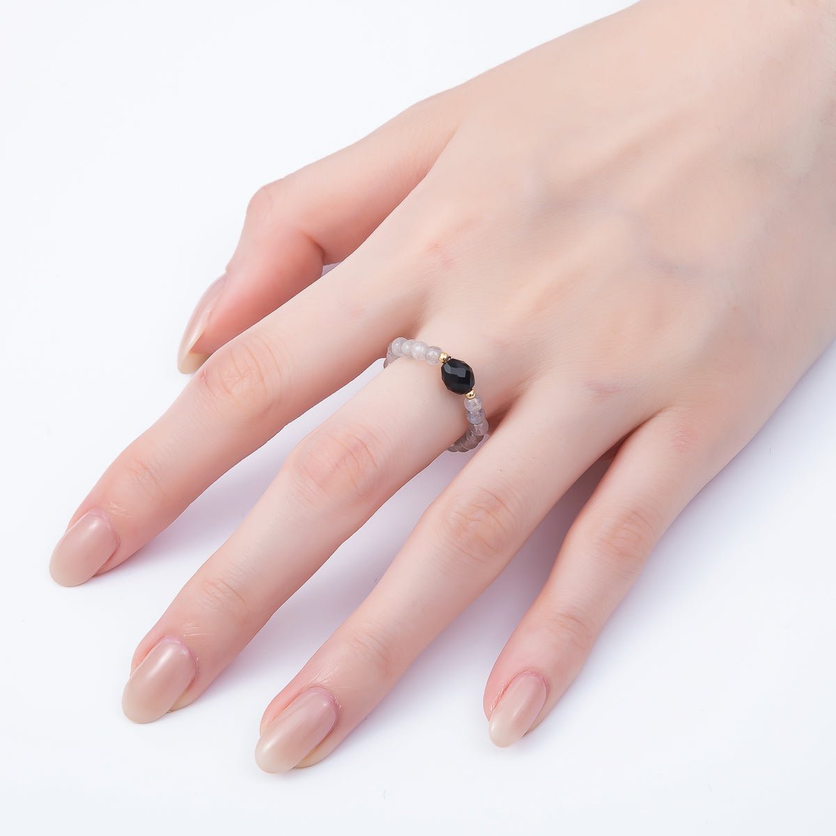 16K Gold Filled Natural Gemstone Round Beaded Elastic Stretch Ring | Rings-00096 ~ Rings-00107