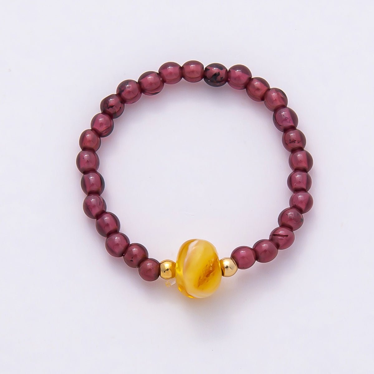16K Gold Filled Natural Gemstone Round Beaded Elastic Stretch Ring | Rings-00096 ~ Rings-00107
