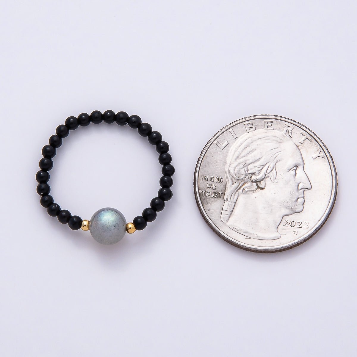 16K Gold Filled Natural Gemstone Round Beaded Elastic Stretch Ring | Rings-00096 ~ Rings-00107