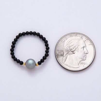 16K Gold Filled Natural Gemstone Round Beaded Elastic Stretch Ring | Rings-00096 ~ Rings-00107