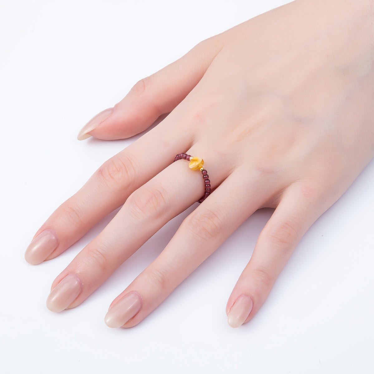 16K Gold Filled Natural Gemstone Round Beaded Elastic Stretch Ring | Rings-00096 ~ Rings-00107