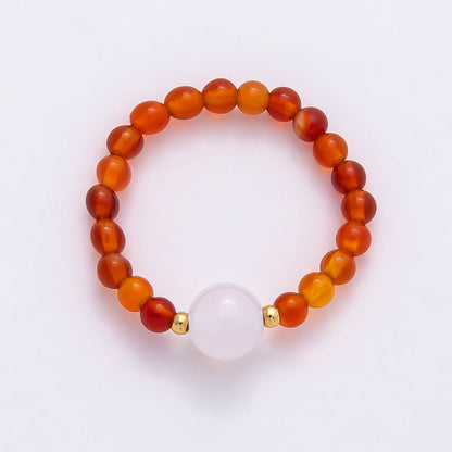 16K Gold Filled Natural Gemstone Round Beaded Elastic Stretch Ring | Rings-00096 ~ Rings-00107