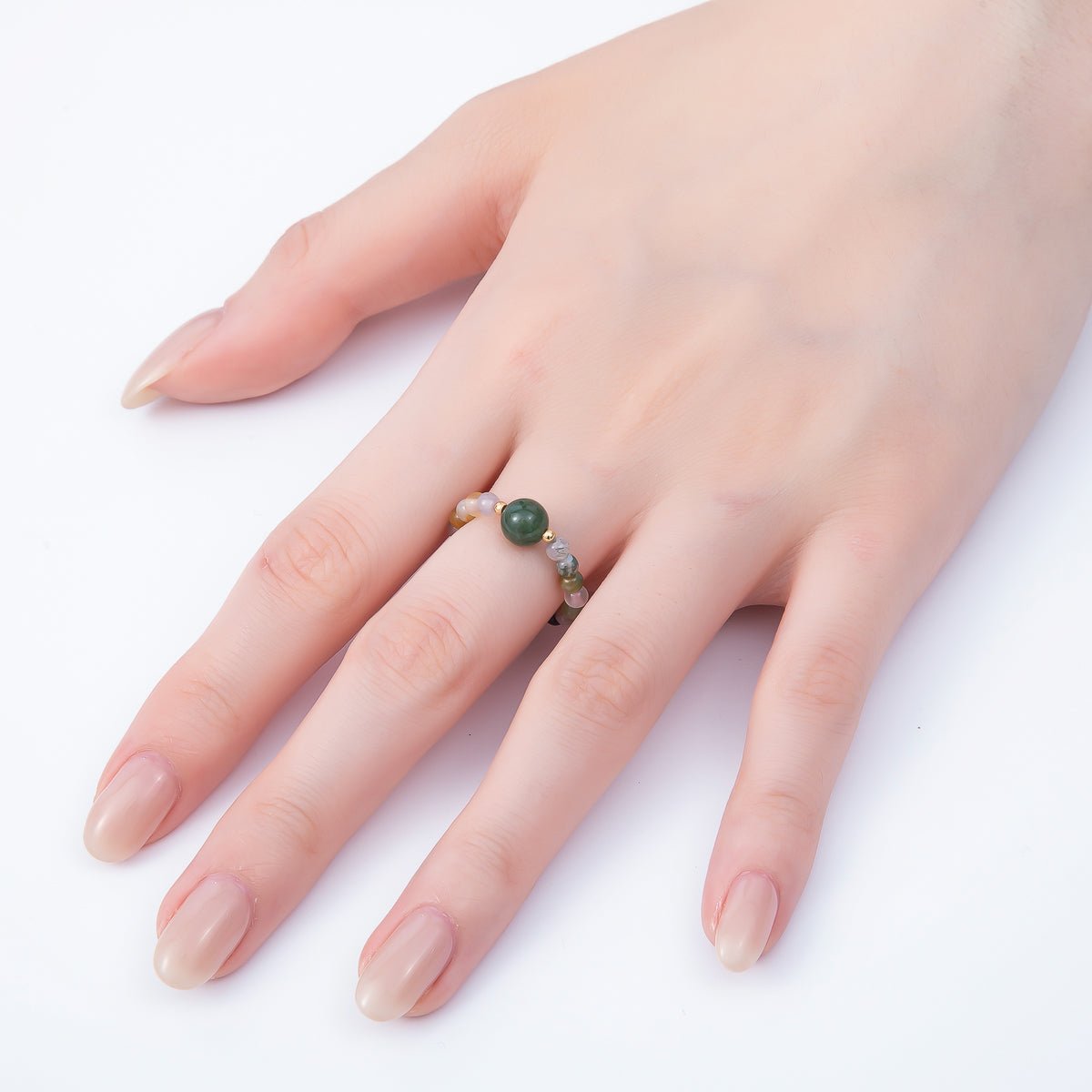 16K Gold Filled Natural Gemstone Round Beaded Elastic Stretch Ring | Rings-00096 ~ Rings-00107