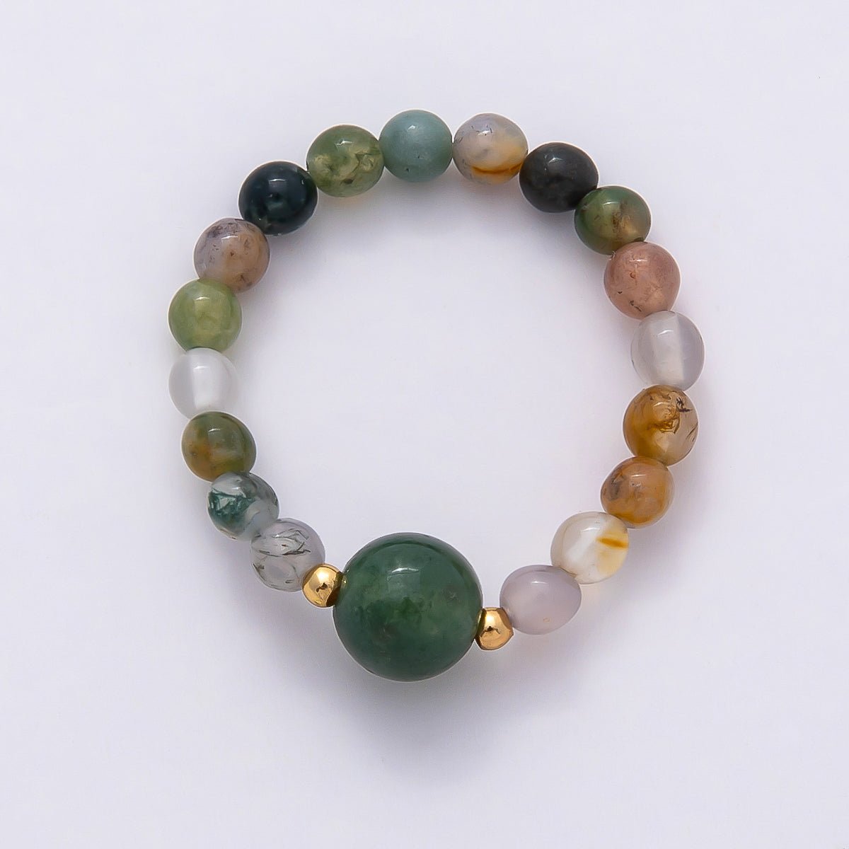 16K Gold Filled Natural Gemstone Round Beaded Elastic Stretch Ring | Rings-00096 ~ Rings-00107