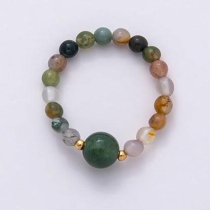 16K Gold Filled Natural Gemstone Round Beaded Elastic Stretch Ring | Rings-00096 ~ Rings-00107