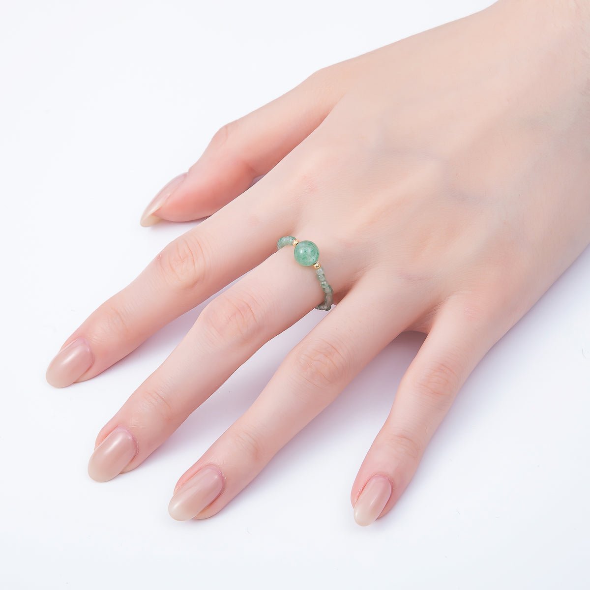 16K Gold Filled Natural Gemstone Round Beaded Elastic Stretch Ring | Rings-00096 ~ Rings-00107