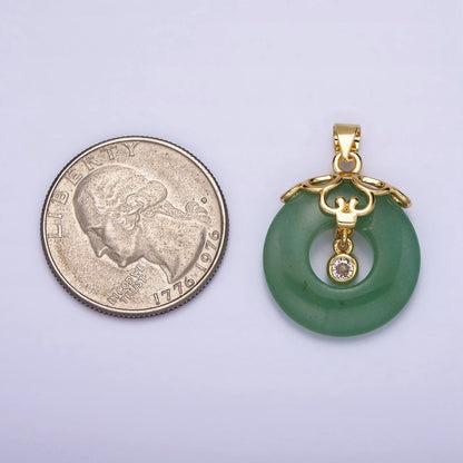 16K Gold Filled Natural Green Jade Donut Artisan Frame Clear CZ Bezel Dangle Pendant | AA532
