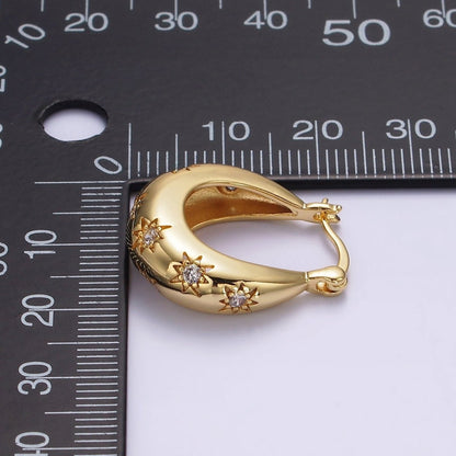 16K Gold Filled Oblong Dome Celestial Stars CZ French Lock Latch Hoop Earrings | AE634