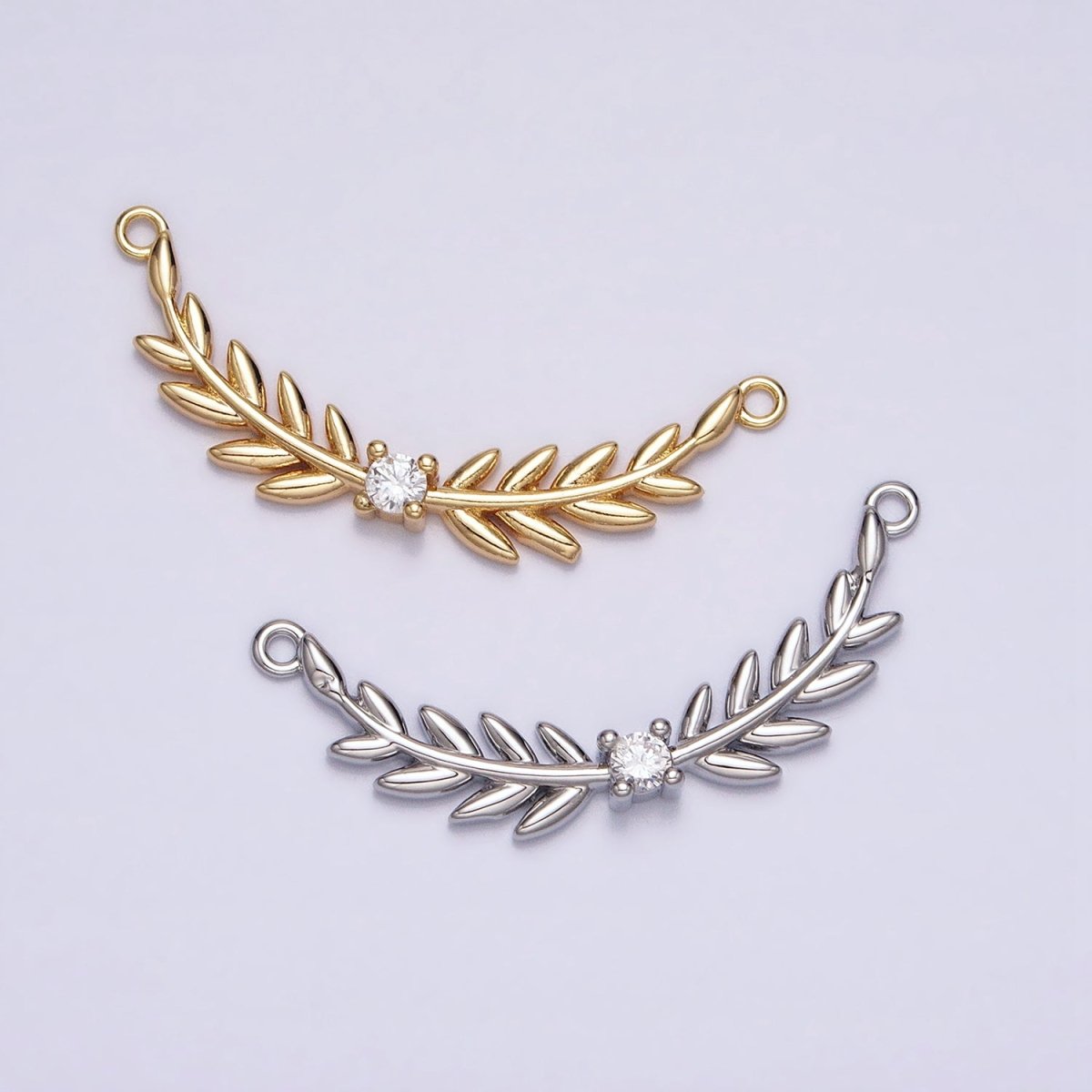 16K Gold Filled Olive Leaves Natural Round Clear CZ Curved Connector in Gold &amp; Silver | Y-869