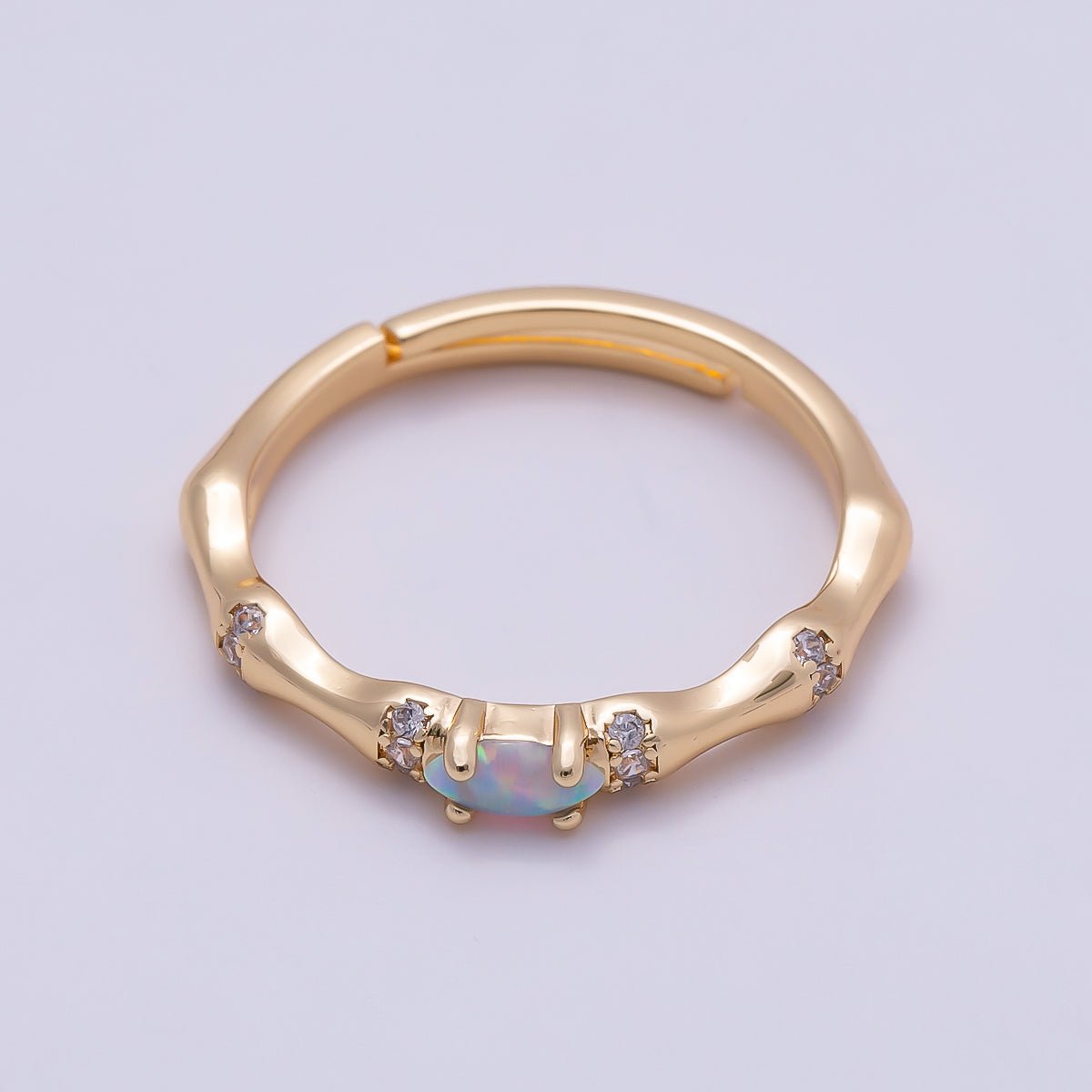16K Gold Filled Opal Micro Paved CZ Bamboo Adjustable Ring | Rings-00140