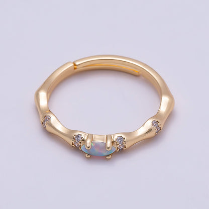 16K Gold Filled Opal Micro Paved CZ Bamboo Adjustable Ring | Rings-00140