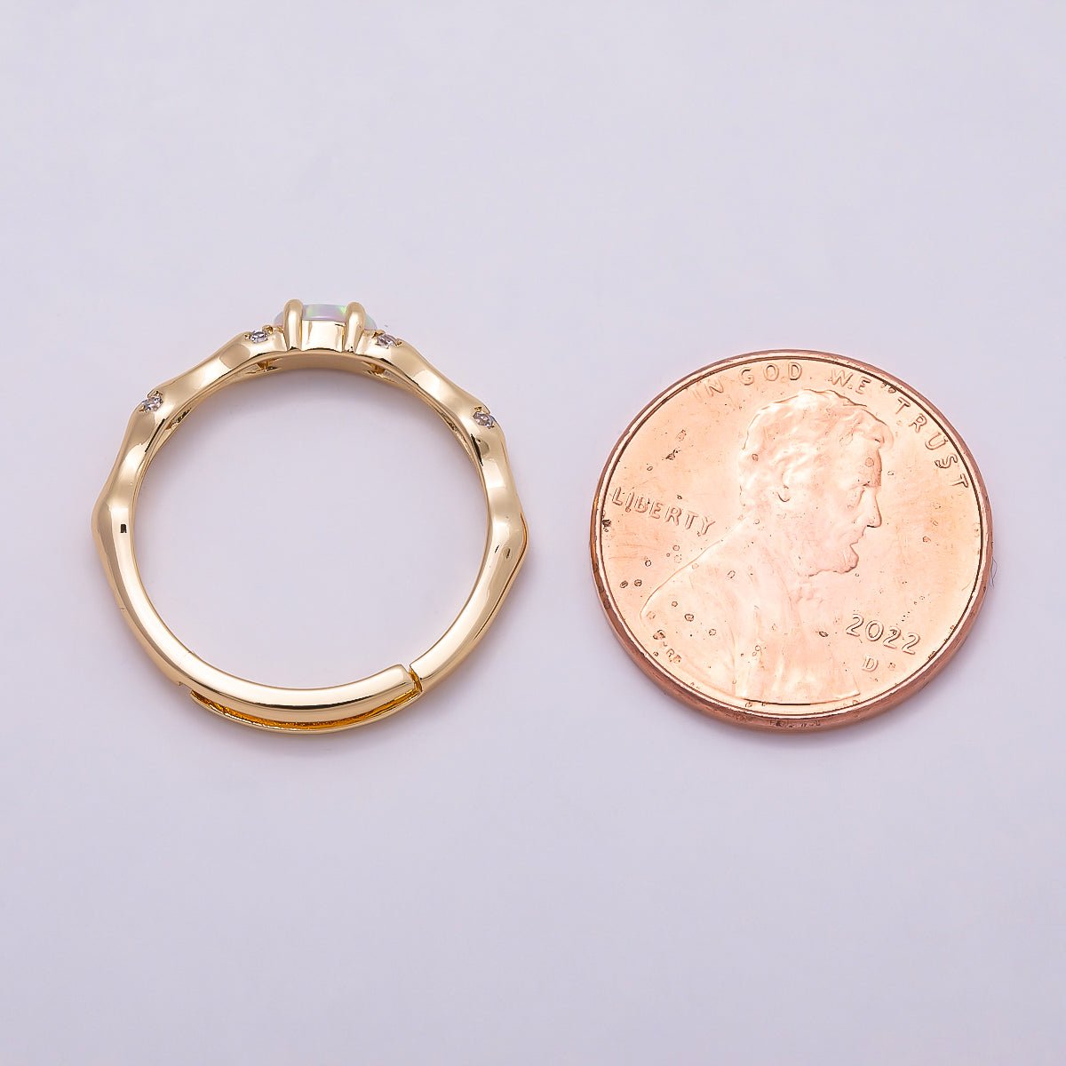 16K Gold Filled Opal Micro Paved CZ Bamboo Adjustable Ring | Rings-00140