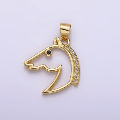 16K Gold Filled Open Black Eye Horse Animal Equestrian Pet Clear Micro Paved CZ Pendant | N1783