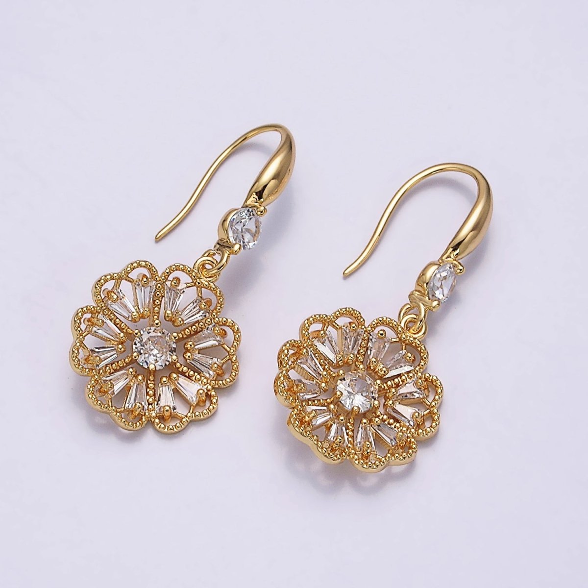 16K Gold Filled Open Flower Triangle Baguette Beaded CZ Drop French Hook Earrings in Gold &amp; Silver | AD1548 AD1549
