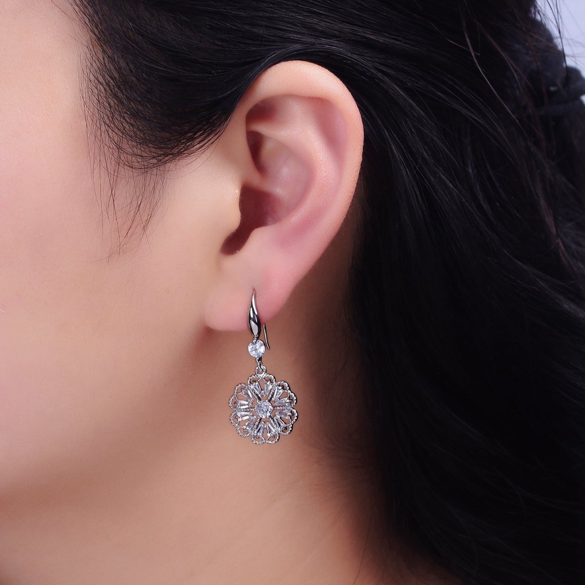 16K Gold Filled Open Flower Triangle Baguette Beaded CZ Drop French Hook Earrings in Gold &amp; Silver | AD1548 AD1549
