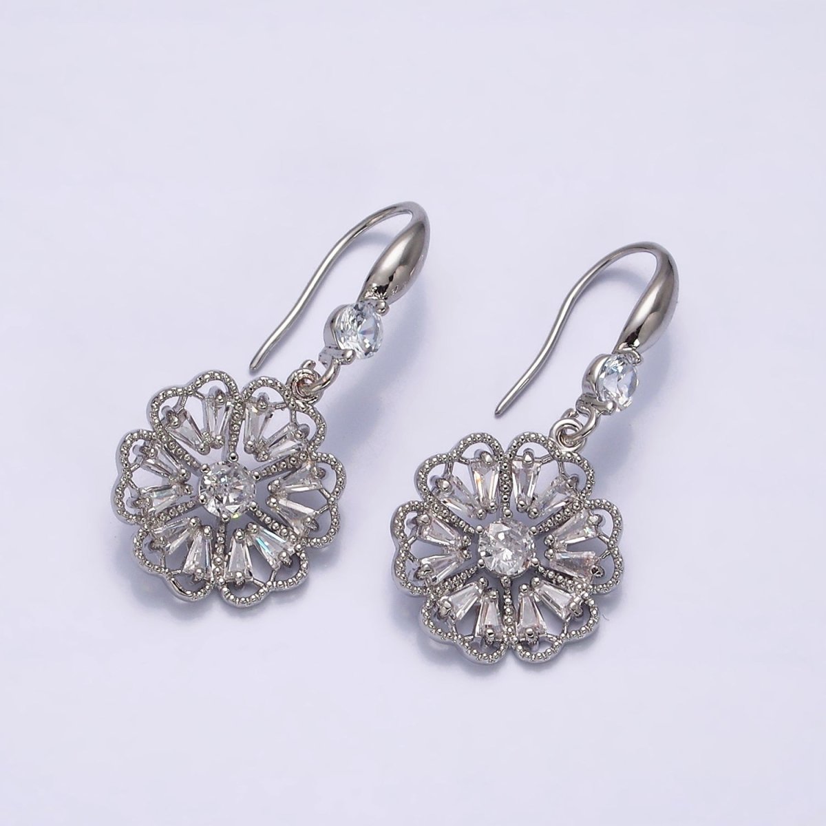 16K Gold Filled Open Flower Triangle Baguette Beaded CZ Drop French Hook Earrings in Gold &amp; Silver | AD1548 AD1549