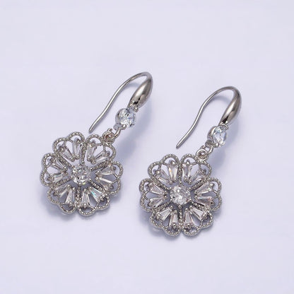 16K Gold Filled Open Flower Triangle Baguette Beaded CZ Drop French Hook Earrings in Gold &amp; Silver | AD1548 AD1549